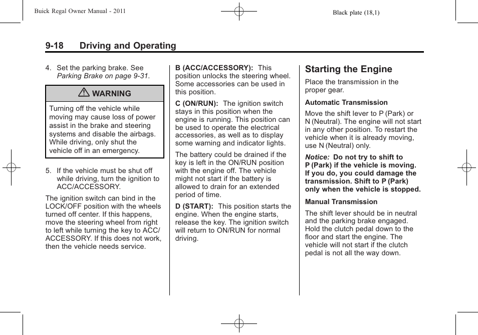 Starting the engine, Starting the engine -18, Brakes | Buick REGAL 2011 User Manual | Page 208 / 368