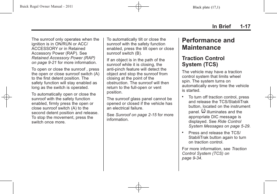 Performance and maintenance, Traction control system (tcs), Performance and | Maintenance -17, Airbag system, Traction control, System (tcs) -17 | Buick REGAL 2011 User Manual | Page 21 / 368