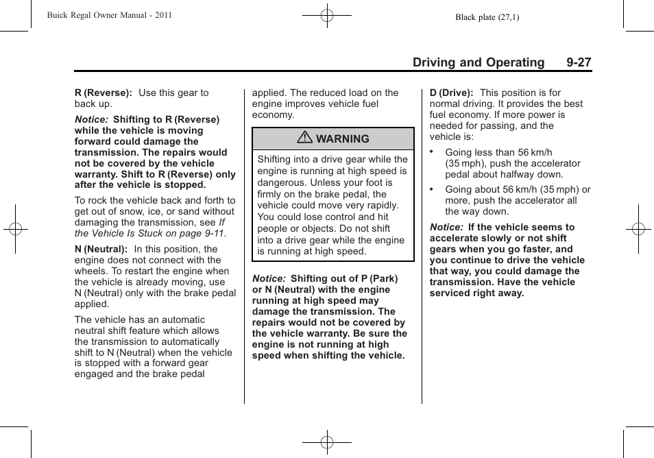 Driving and operating 9-27 | Buick REGAL 2011 User Manual | Page 217 / 368