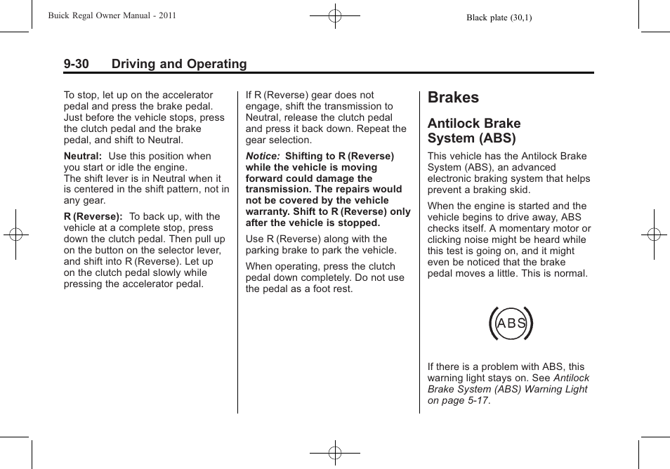 Brakes, Antilock brake system (abs), Brakes -30 | Wheels and tires, Antilock brake, System (abs) -30 | Buick REGAL 2011 User Manual | Page 220 / 368