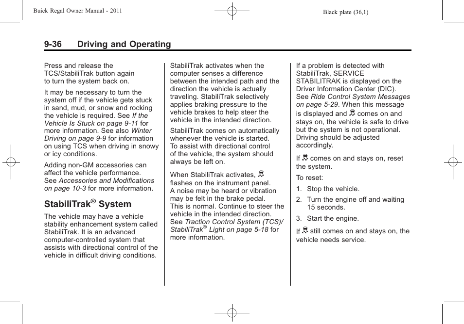 Stabilitrak® system, Stabilitrak, System on | System -36, System | Buick REGAL 2011 User Manual | Page 226 / 368