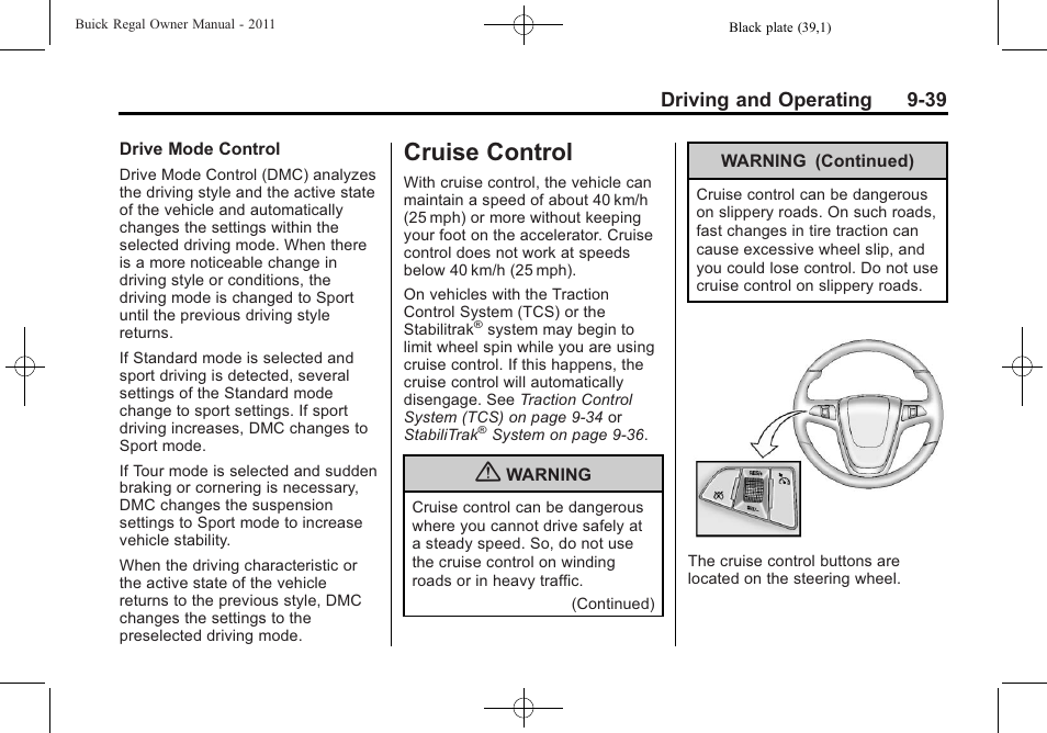 Cruise control, Cruise control -39 | Buick REGAL 2011 User Manual | Page 229 / 368