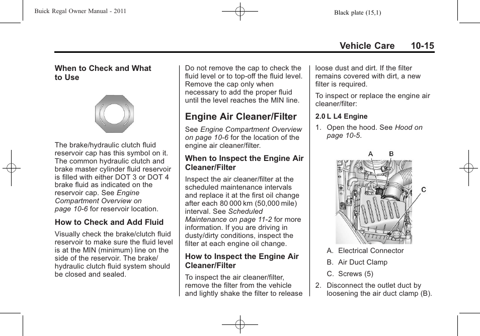 Engine air cleaner/filter, Engine air cleaner/filter -15, Bulb | Engine air cleaner/filter on, Vehicle care 10-15 | Buick REGAL 2011 User Manual | Page 255 / 368