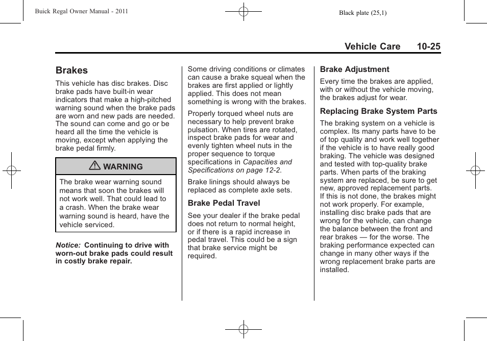 Brakes, Brakes -25, Taillamps | Buick REGAL 2011 User Manual | Page 265 / 368