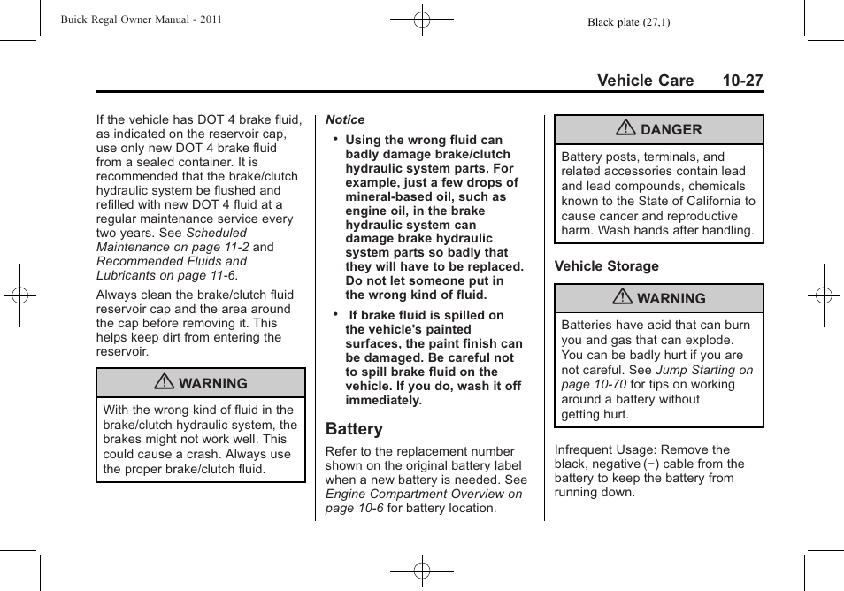 Battery, Battery -27, Battery on | Buick REGAL 2011 User Manual | Page 267 / 368