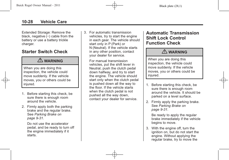 Starter switch check, Lock control function check -28 | Buick REGAL 2011 User Manual | Page 268 / 368