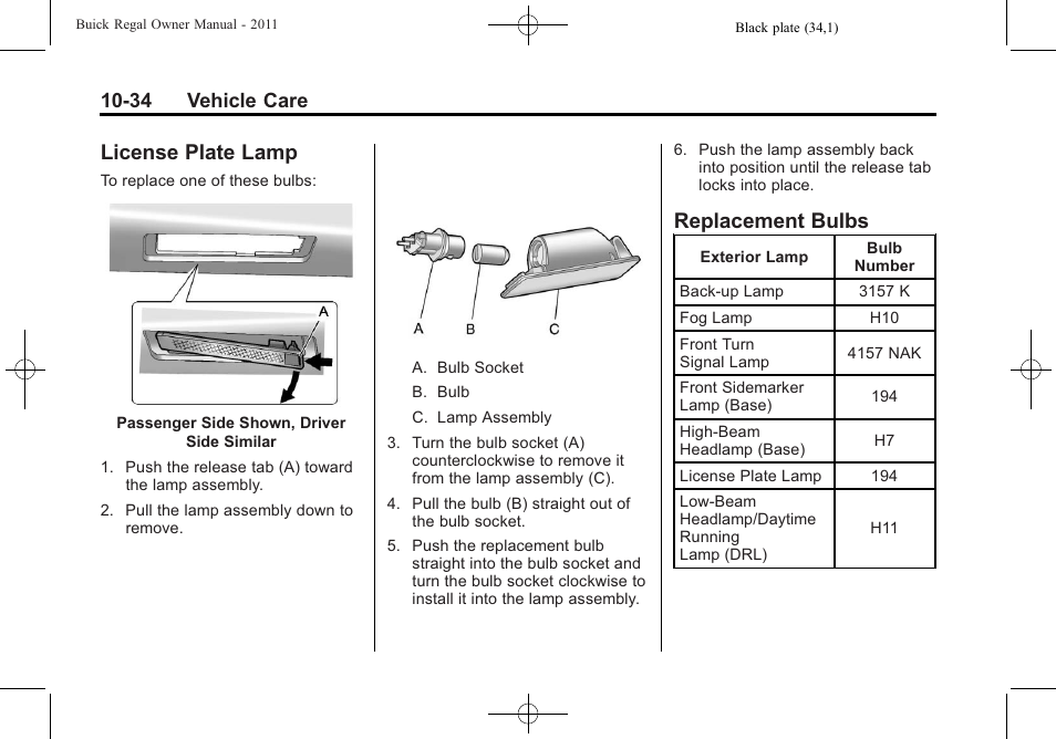 License plate lamp, Replacement bulbs, License plate lamp -34 replacement bulbs -34 | 34 vehicle care | Buick REGAL 2011 User Manual | Page 274 / 368