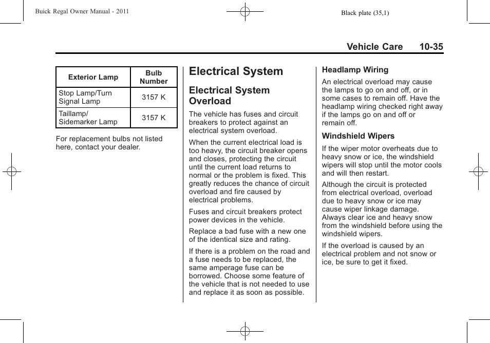 Electrical system, Electrical system overload, Electrical system -35 | Maintenance, Overload -35 | Buick REGAL 2011 User Manual | Page 275 / 368
