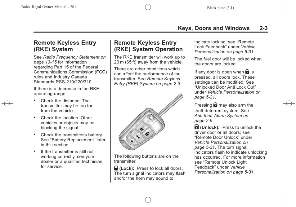 Remote keyless entry (rke) system, Remote keyless entry (rke) system operation, Remote keyless entry (rke) | System -3, System operation -3, Power, Keys, doors and windows 2-3 | Buick REGAL 2011 User Manual | Page 29 / 368