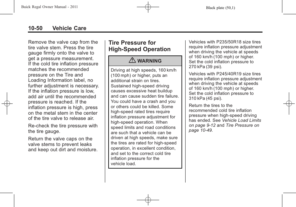 Tire pressure for high-speed operation, Tire pressure for high-speed, Operation -50 | Buick REGAL 2011 User Manual | Page 290 / 368