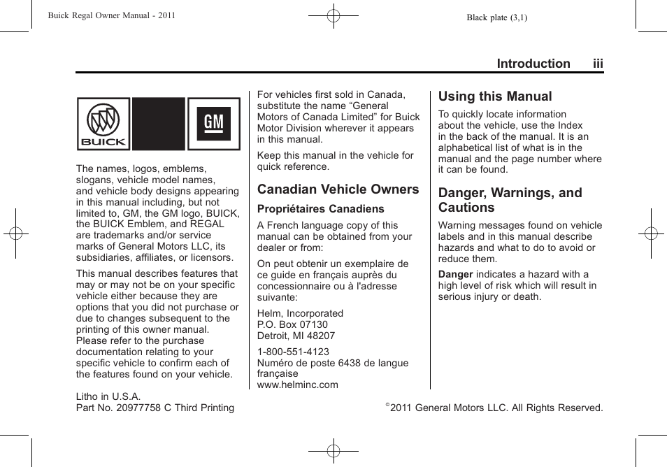Introduction, Canadian vehicle owners, Using this manual | Danger, warnings, and cautions | Buick REGAL 2011 User Manual | Page 3 / 368