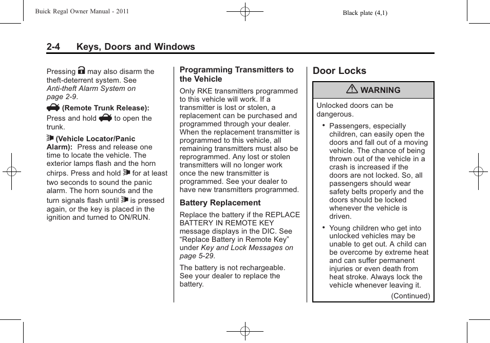 Door locks, Door locks -4 | Buick REGAL 2011 User Manual | Page 30 / 368
