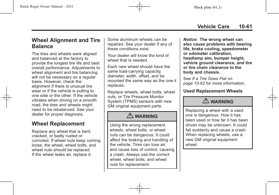 Wheel alignment and tire balance, Wheel replacement, Wheel alignment and tire | Balance -61, Wheel replacement -61, Genuine | Buick REGAL 2011 User Manual | Page 301 / 368