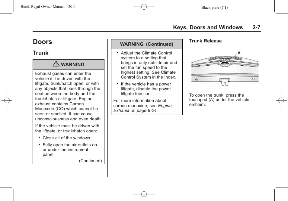 Doors, Trunk, Doors -7 | Storage, Trunk -7, Automatic, Keys, doors and windows 2-7 | Buick REGAL 2011 User Manual | Page 33 / 368