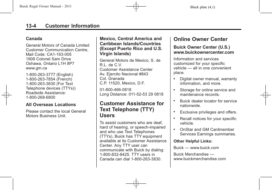 Customer assistance for text telephone (tty) users, Online owner center, Customer assistance for text | Telephone (tty) users -4, Online owner center -4, 4 customer information | Buick REGAL 2011 User Manual | Page 344 / 368