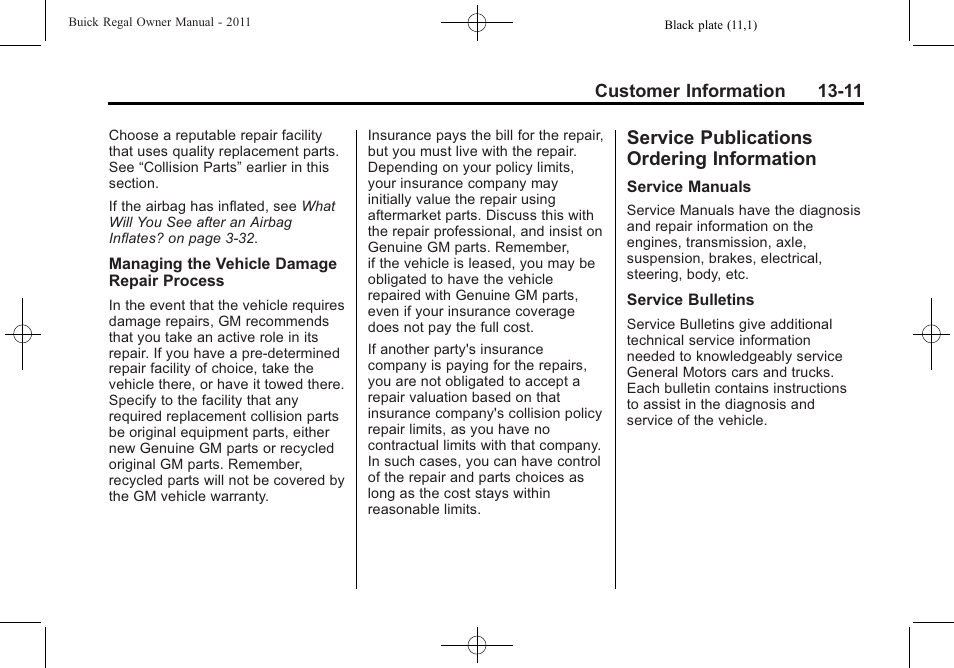 Service publications ordering information, Service publications, Ordering information -11 | Buick REGAL 2011 User Manual | Page 351 / 368