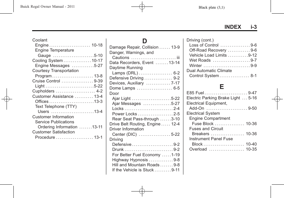 Index_d, Index_e, Index i-3 | Buick REGAL 2011 User Manual | Page 359 / 368