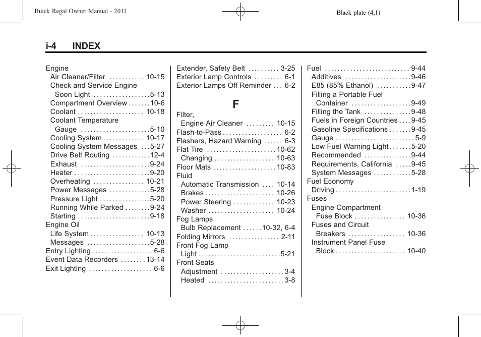 Index_f, I-4 index | Buick REGAL 2011 User Manual | Page 360 / 368