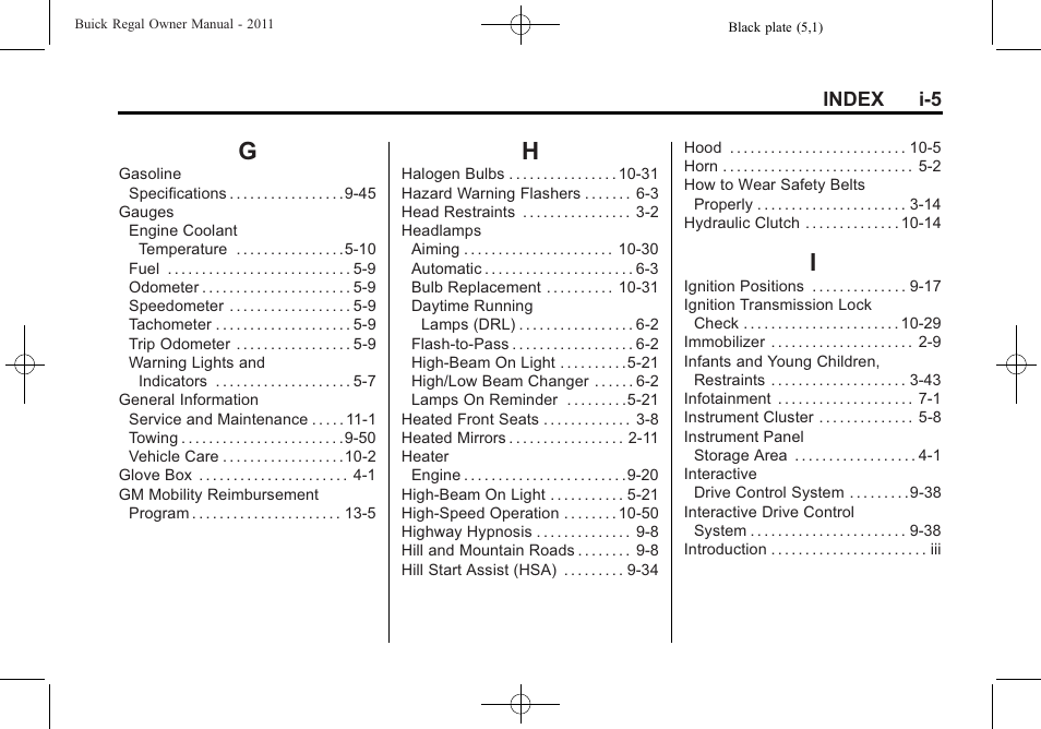 Index_g, Index_h, Index_i | Buick REGAL 2011 User Manual | Page 361 / 368