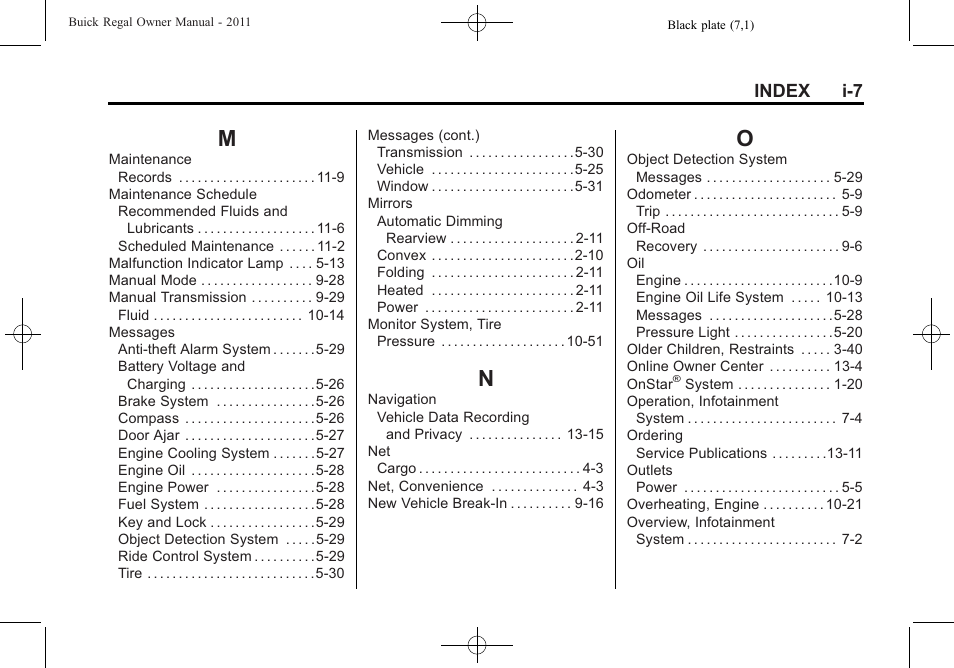 Index_m, Index_n, Index_o | Index i-7 | Buick REGAL 2011 User Manual | Page 363 / 368