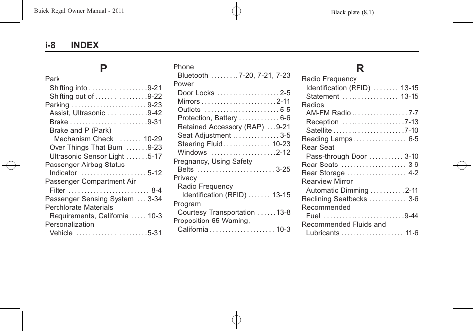 Index_p, Index_r, I-8 index | Buick REGAL 2011 User Manual | Page 364 / 368