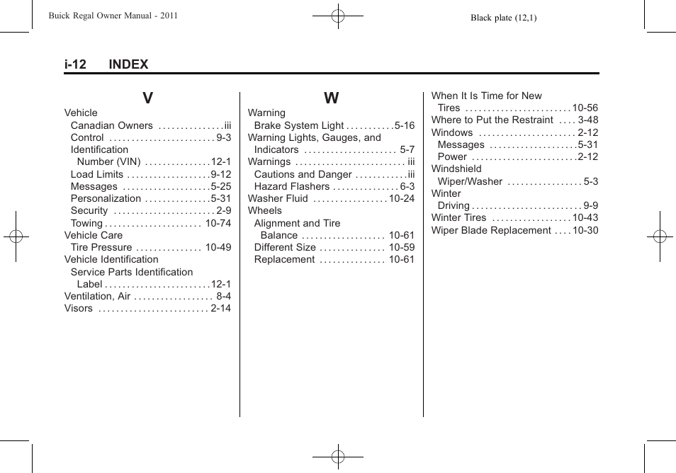 Index_v, Index_w | Buick REGAL 2011 User Manual | Page 368 / 368