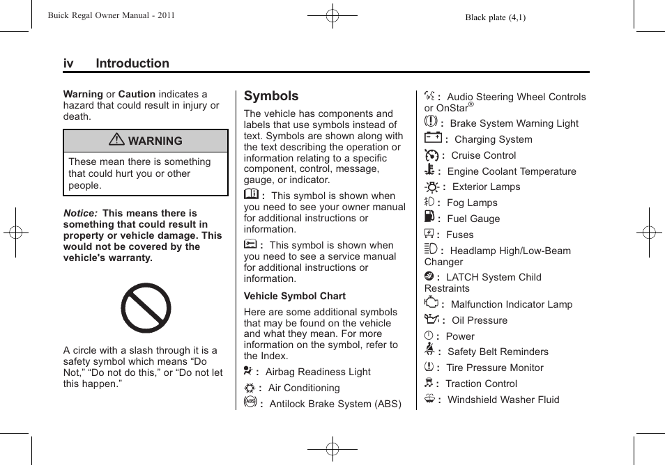 Symbols | Buick REGAL 2011 User Manual | Page 4 / 368