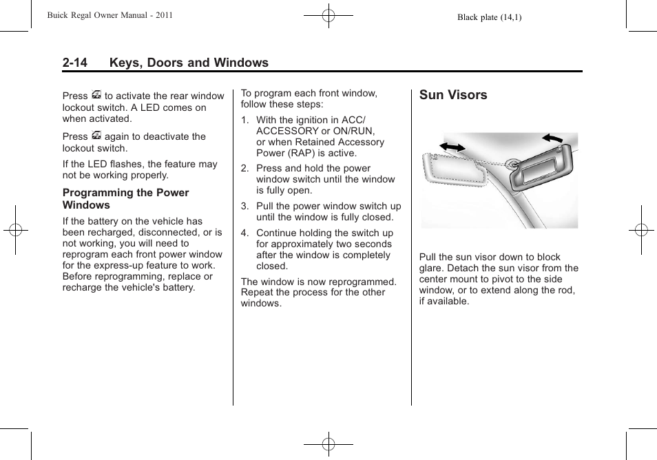 Sun visors, Sun visors -14 | Buick REGAL 2011 User Manual | Page 40 / 368