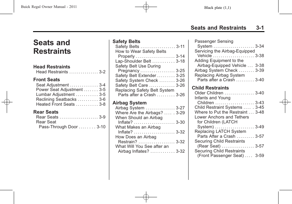 Seats and restraints, Seats and restraints -1, Seats and restraints 3-1 | Buick REGAL 2011 User Manual | Page 43 / 368