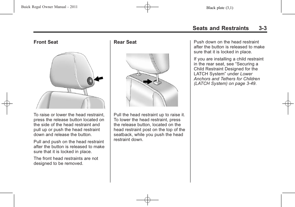 Seats and restraints 3-3 | Buick REGAL 2011 User Manual | Page 45 / 368