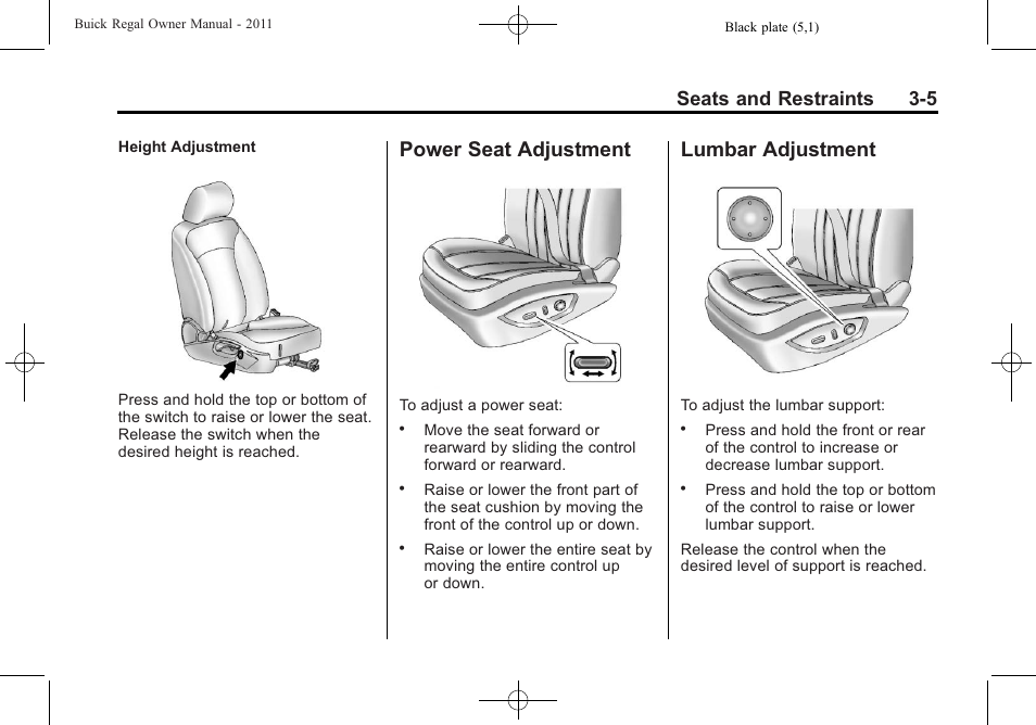 Power seat adjustment, Lumbar adjustment, Power seat adjustment -5 lumbar adjustment -5 | Seats and restraints 3-5 | Buick REGAL 2011 User Manual | Page 47 / 368