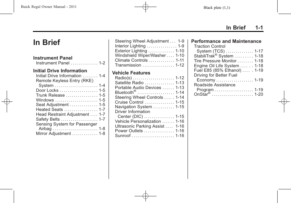 In brief, In brief -1 | Buick REGAL 2011 User Manual | Page 5 / 368