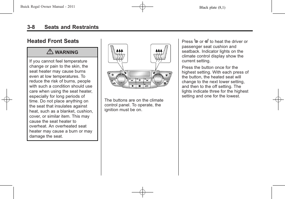 Heated front seats, Heated front seats on, Heated front seats -8 | Buick REGAL 2011 User Manual | Page 50 / 368