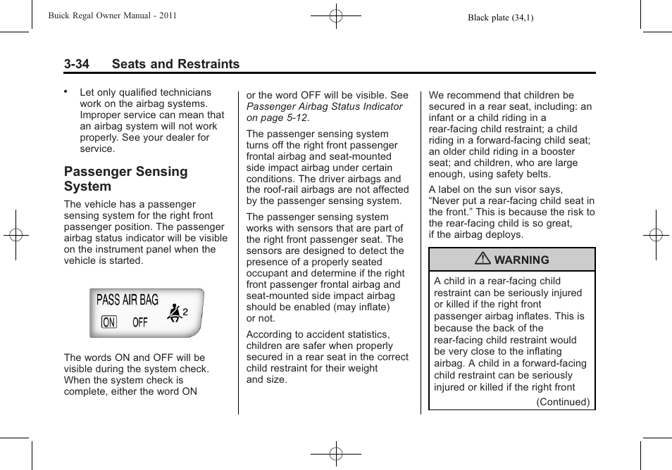 Passenger sensing system, Passenger sensing, System -34 | Buick REGAL 2011 User Manual | Page 76 / 368