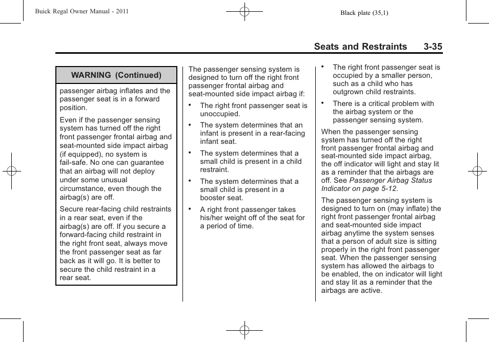 Seats and restraints 3-35 | Buick REGAL 2011 User Manual | Page 77 / 368