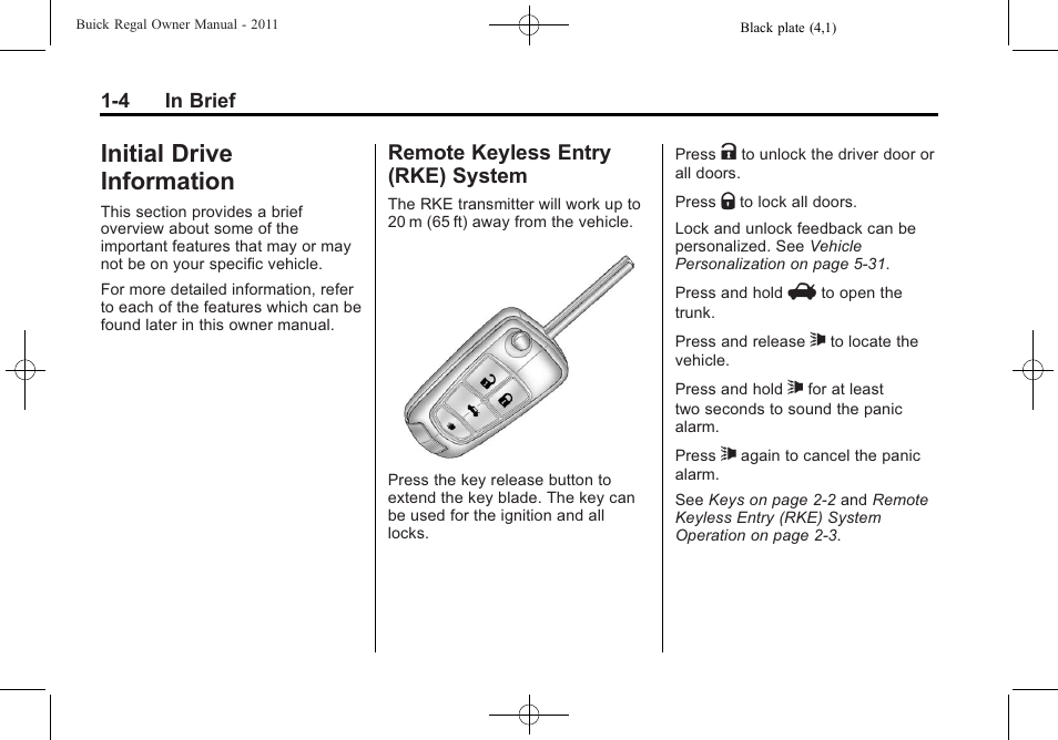 Initial drive information, Remote keyless entry (rke) system, Initial drive information -4 | Front seats -4, Interior, System -4 | Buick REGAL 2011 User Manual | Page 8 / 368