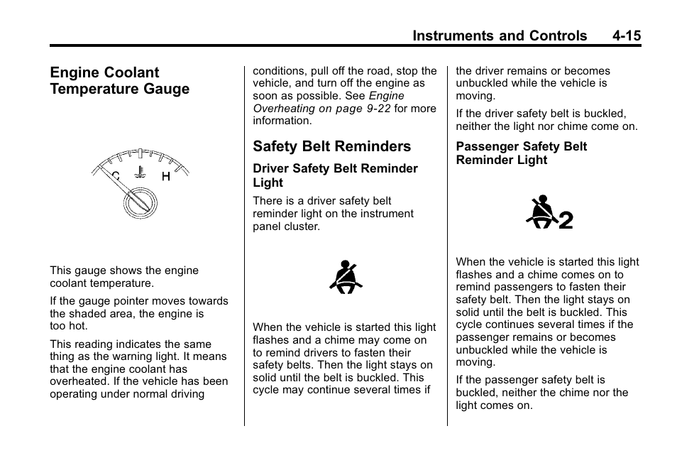 Engine coolant temperature gauge, Safety belt reminders, Engine coolant temperature | Gauge -15, Safety belt reminders -15 | Buick 2010 Lacrosse User Manual | Page 103 / 420
