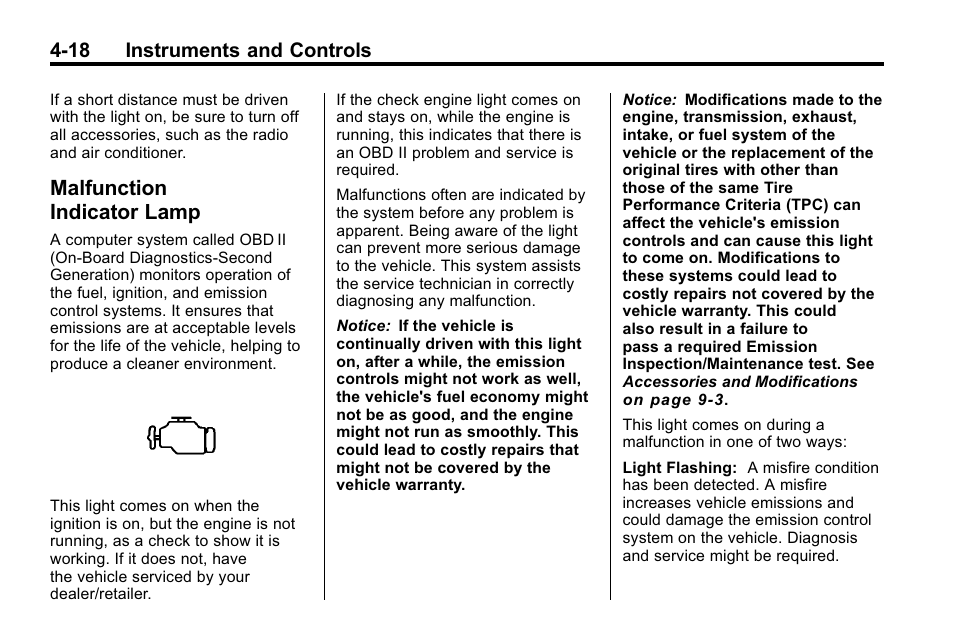 Malfunction indicator lamp, Lamp -18, 18 instruments and controls | Buick 2010 Lacrosse User Manual | Page 106 / 420