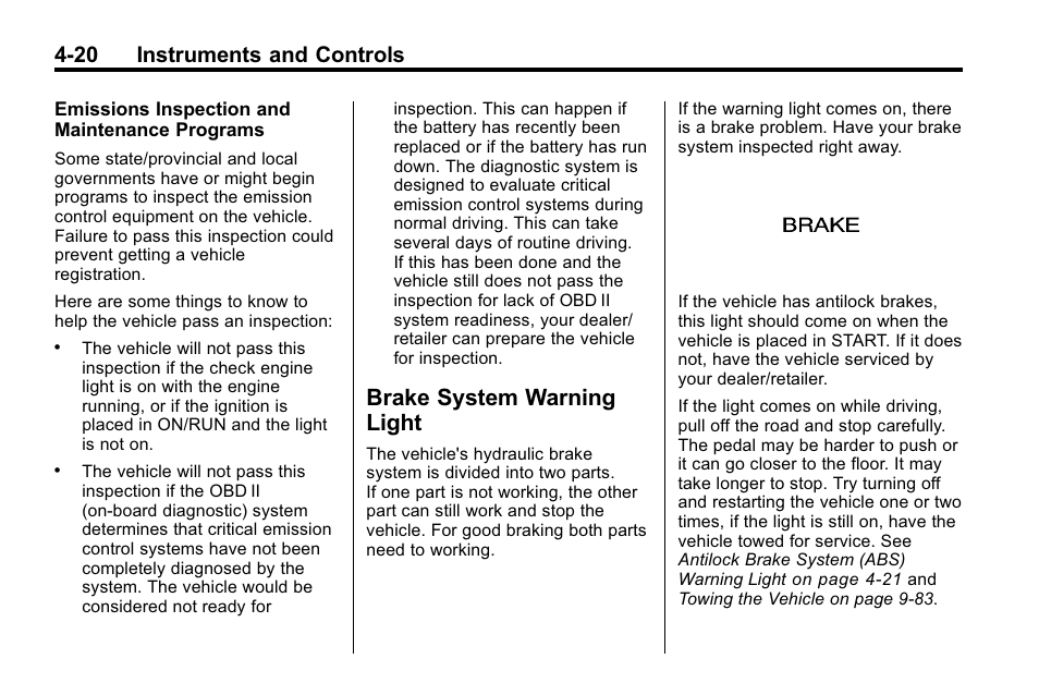 Brake system warning light, Brake system warning, Light -20 | 20 instruments and controls | Buick 2010 Lacrosse User Manual | Page 108 / 420