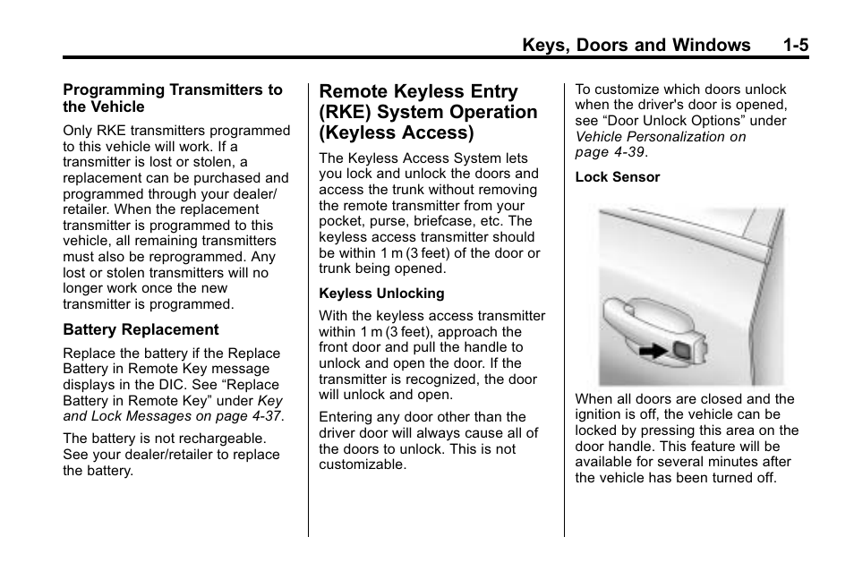 Remote keyless entry (rke), System operation (keyless access) -5, Interior | Keys, doors and windows 1-5 | Buick 2010 Lacrosse User Manual | Page 11 / 420