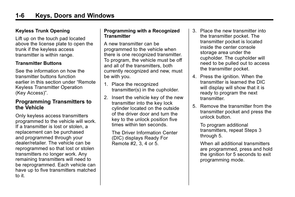 6 keys, doors and windows | Buick 2010 Lacrosse User Manual | Page 12 / 420