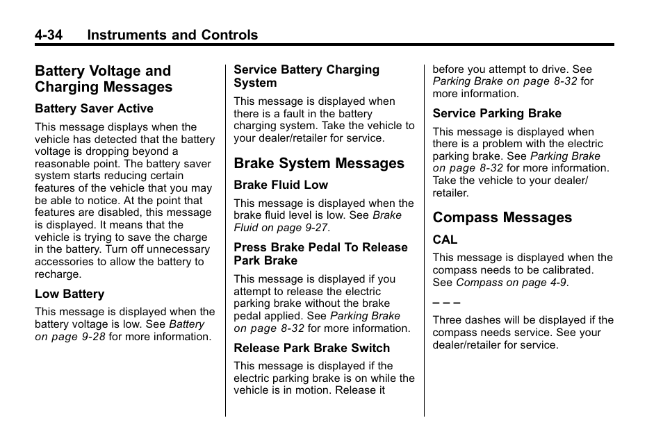 Battery voltage and charging messages, Brake system messages, Compass messages | Battery voltage and charging, Messages -34, Brake system messages -34 compass messages -34, Vehicle | Buick 2010 Lacrosse User Manual | Page 122 / 420