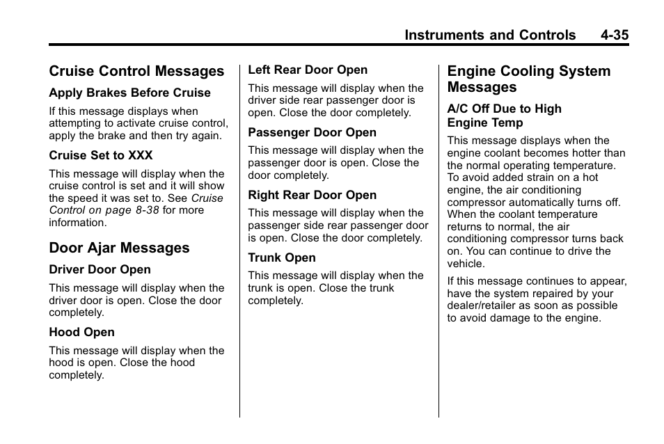 Cruise control messages, Door ajar messages, Engine cooling system messages | Messages -35, Onstar, System, Universal | Buick 2010 Lacrosse User Manual | Page 123 / 420