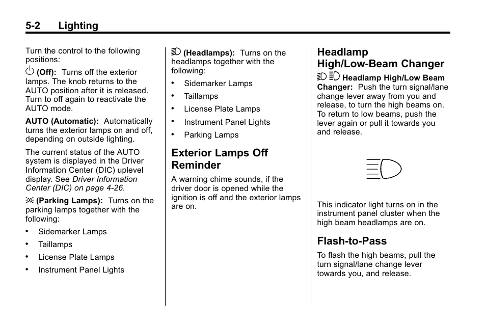 Exterior lamps off reminder, Headlamp high/low-beam changer, Flash-to-pass | Exterior lamps off, Reminder -2, Headlamp high/low-beam, Changer -2, Flash-to-pass -2, Headlamp high/low-beam changer 2 3, 2 lighting | Buick 2010 Lacrosse User Manual | Page 142 / 420