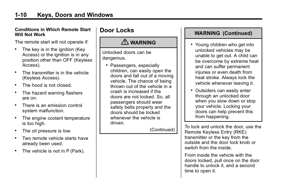 Door locks, Door locks -10, 10 keys, doors and windows | Buick 2010 Lacrosse User Manual | Page 16 / 420