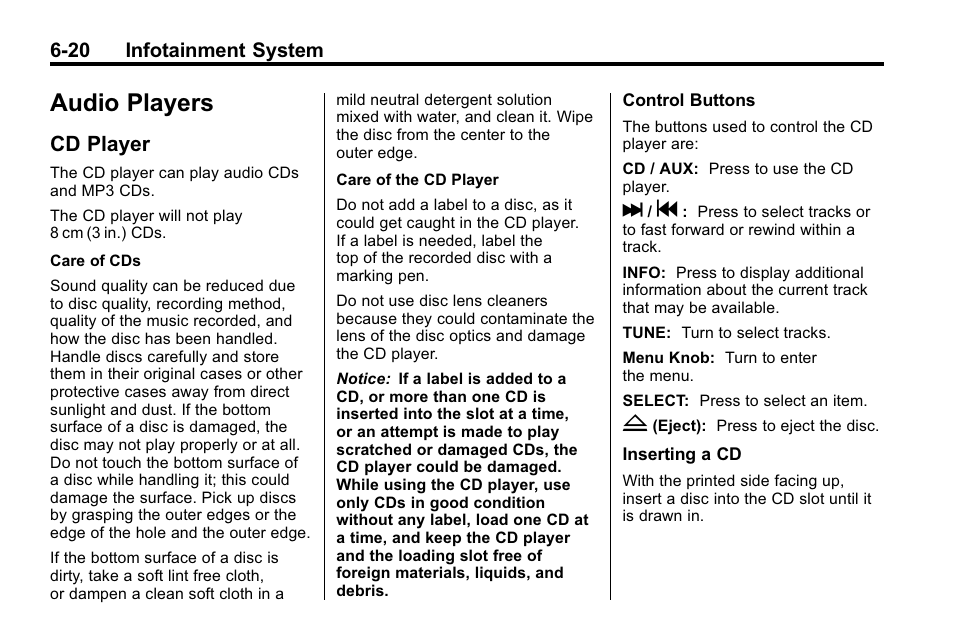 Audio players, Cd player, Players -20 | Vehicle care -1, Cd player -20 | Buick 2010 Lacrosse User Manual | Page 168 / 420