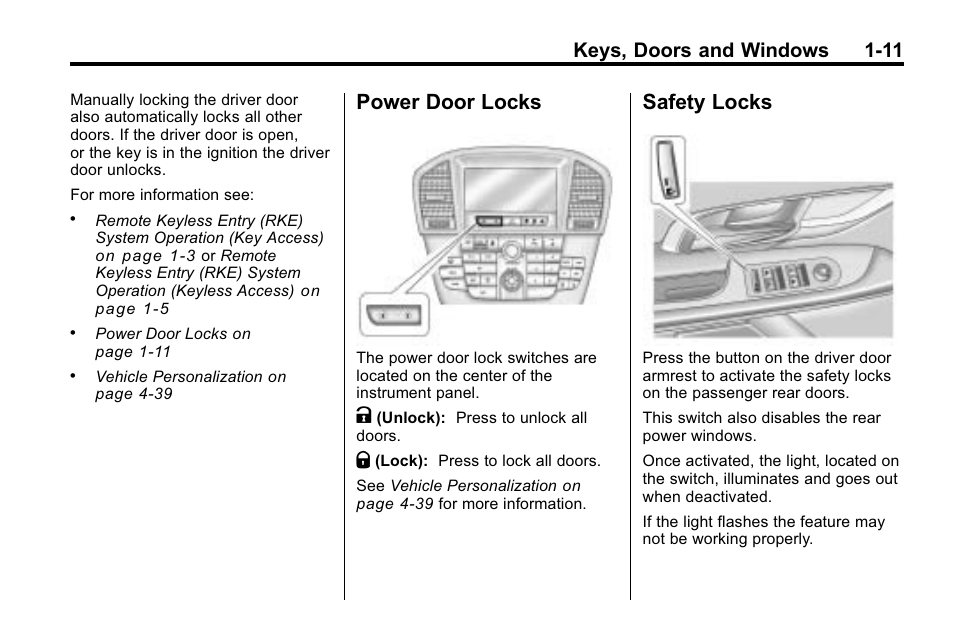 Power door locks, Safety locks, Power door locks -11 safety locks -11 | Keys, doors and windows 1-11 | Buick 2010 Lacrosse User Manual | Page 17 / 420