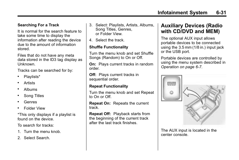 Auxiliary devices (radio with cd/dvd and mem), Auxiliary devices (radio with, Cd/dvd and mem) -31 | Infotainment system 6-31 | Buick 2010 Lacrosse User Manual | Page 179 / 420