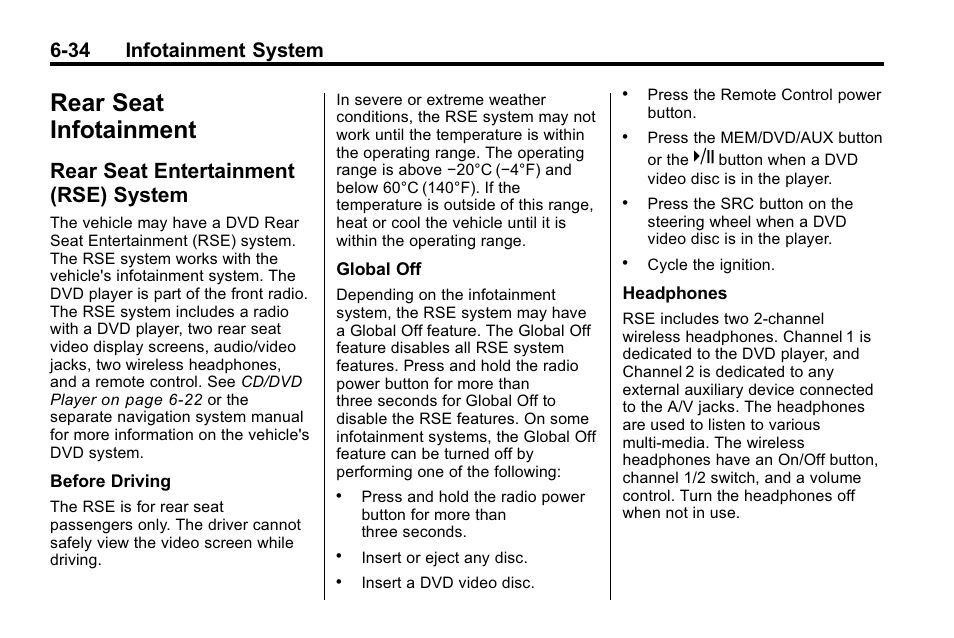 Rear seat infotainment, Rear seat entertainment (rse) system, Rear seat infotainment -34 | General information, Rear seat entertainment, 34 infotainment system | Buick 2010 Lacrosse User Manual | Page 182 / 420