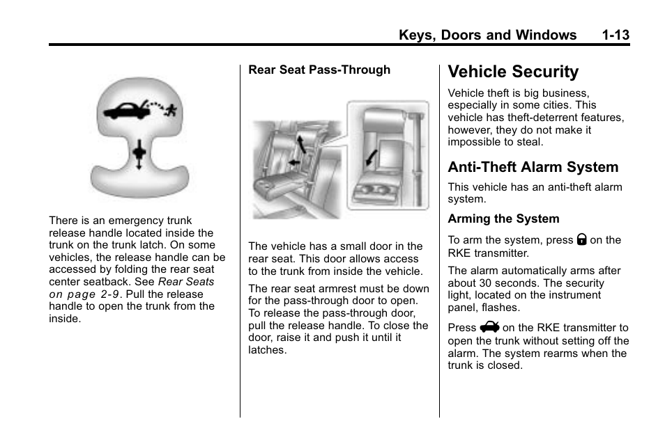 Vehicle security, Anti-theft alarm system, Vehicle security -13 | Warning lights, Vehicle security -13 anti-theft alarm system -13 | Buick 2010 Lacrosse User Manual | Page 19 / 420